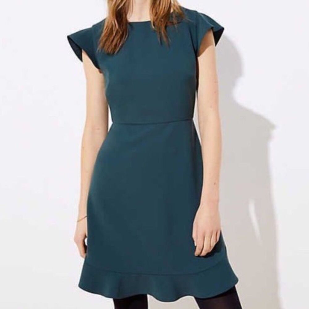 Loft Womens 4 Flounce Ruffle Bottom Dress Dark Green Office, Date EUC